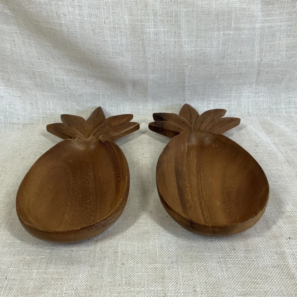 2 VTG Monkey Pod Pineapple Bowl Tiki Tropical Blair's Hawaii Luau Barware Signed